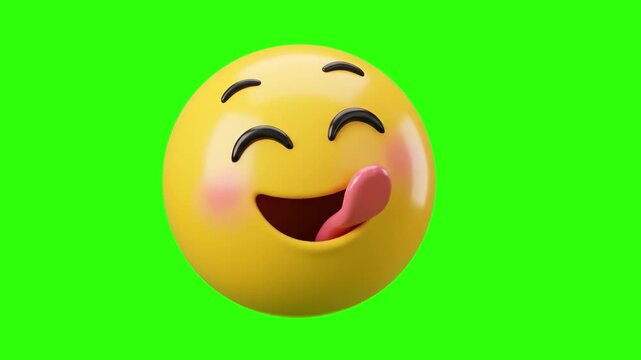 A vibrant 3D render of a happy yellow emoji face with closed smiling eyes, rosy cheeks, and its tongue sticking out to express savoring delicious food, isolated on a chroma key green background. Perfe