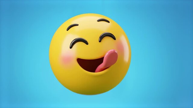 A vibrant 3D yellow emoji licking its lips with closed smiling eyes against a clean blue sky backdrop. Perfect for food media, recipe videos, delicious reactions, and social media content creation.