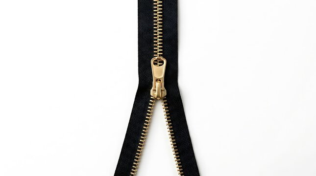Black metal zipper with gold teeth on a white isolated background