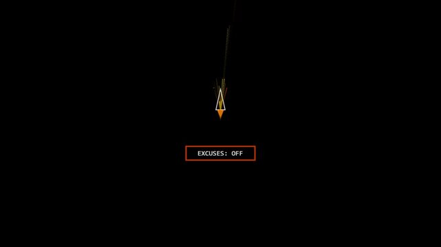 Motivational digital artwork with the text excuses off and a glowing golden arrow pointing down on a solid black background for success and productivity concepts 4K Motion Video