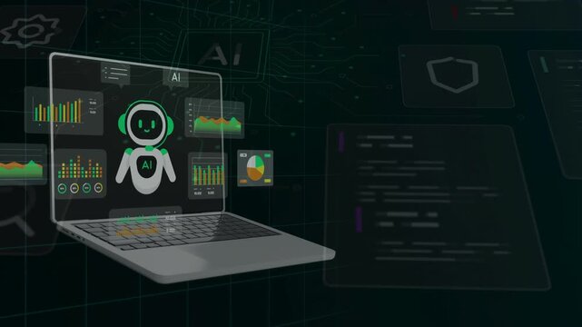 Laptop screen displaying an AI robot character surrounded by digital financial charts and data panels, illustrating algorithmic trading, fintech, and artificial intelligence.