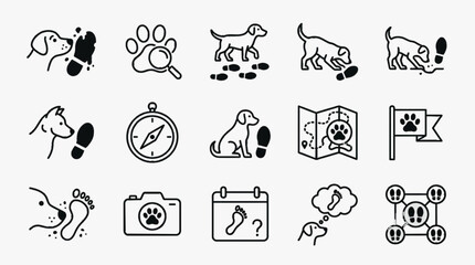 Fototapeta premium Vector icon set of canine tracking and search and rescue elements including dogs sniffing footprints, magnifying glass, compass, map, flag, and camera in minimalist black line art style.
