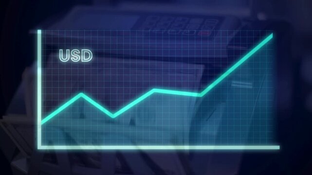Money counting machine in action processing bills with a glowing blue upward line graph and 'USD' text, symbolizing a strong US dollar and positive cash flow.