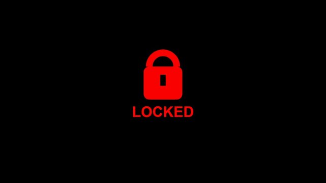 Red locked padlock icon with the word locked written underneath isolated on a dark black background representing security and digital protection 4K Motion Video