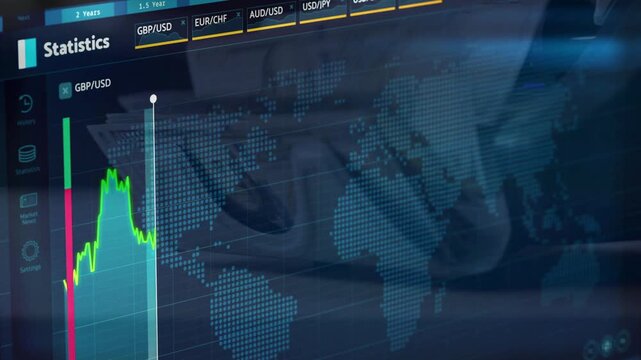 Digital screen displaying global financial statistics, forex currency pairs, glowing charts, and a world map, representing international trading and stock market analysis.