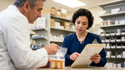 Fototapeta premium Coordinating with the pharmacy to confirm investigational product is ready for a scheduled visit.