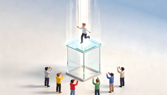 A 3D isometric model of a tiny figure stepping onto a glowing glass elevator shooting up towards the sky. Other figures clapping.