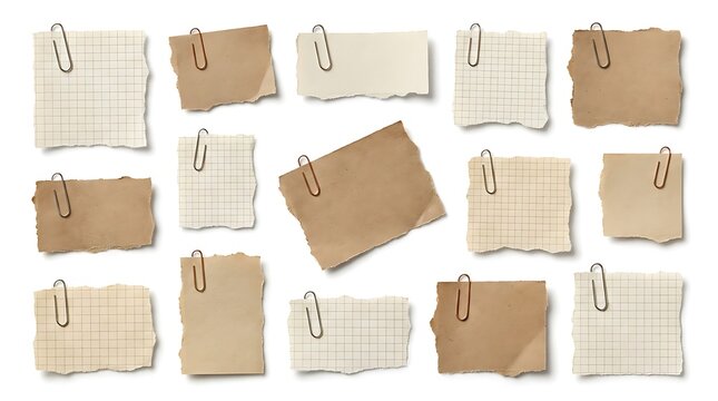 Collection of assorted torn paper scraps with metal office clips attached
