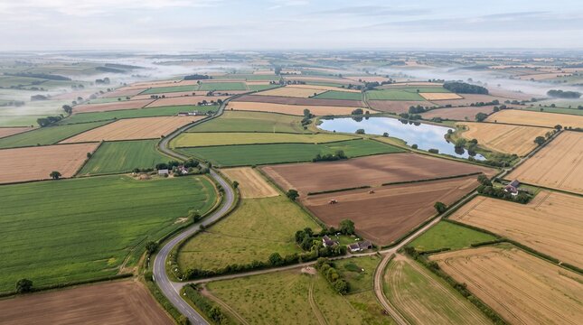 Aerial view of patchwork farmland with morning mist and a winding country road