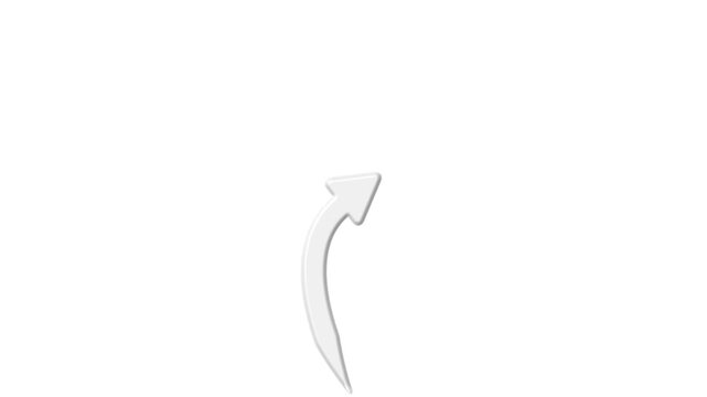 White 3 d curved arrow animation pointing upwards on isolated background, pointer