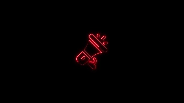 Red neon megaphone pulsing on black background, for marketing and, announcement concepts, loudspeaker glowing