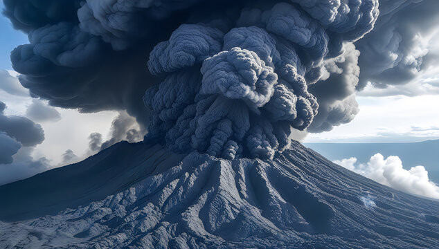 Large volcanic eruption with thick ash clouds in the sky illustration