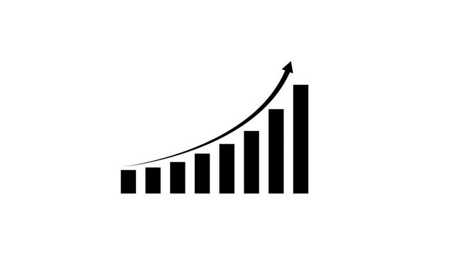 Animated bar chart showing exponential business growth and financial success with rising trend arrow on a clean white background, for corporate presentations, and marketing data analysis