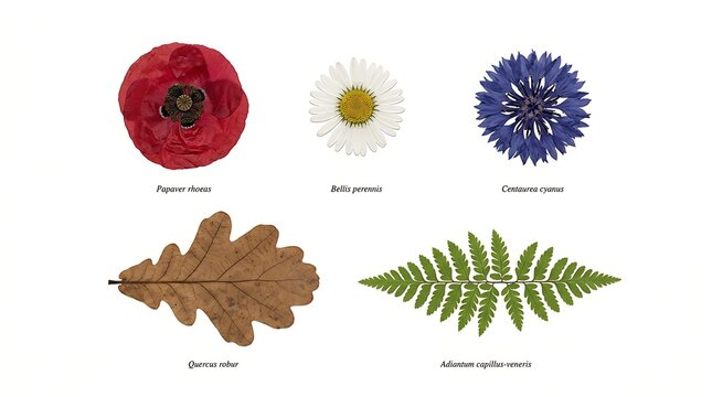 Various colorful pressed flowers and botanical leaves on white background surface
