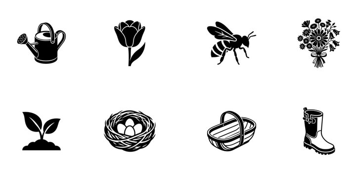 Spring gardening and agriculture icon set, seasonal nature and horticulture vector elements, planting, landscaping, and floral symbols