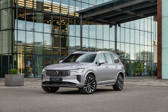 Kyiv, Ukraine - July 21, 2026: New Volvo XC 90 in front of modern glass building