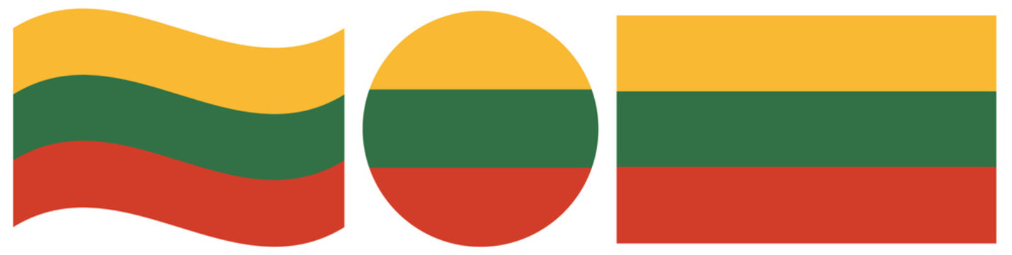 Lithuania flags set. Waving flag of Lithuania isolated. Round flag of Lithuania isolated in circle shape.