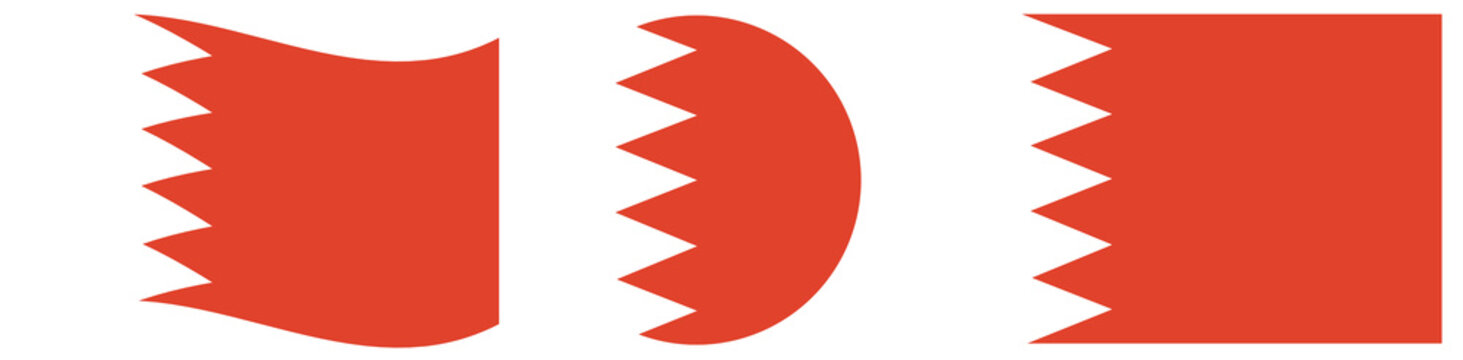Bahrain flags set. Waving flag of Bahrain isolated. Round flag of Bahrain isolated in circle shape.