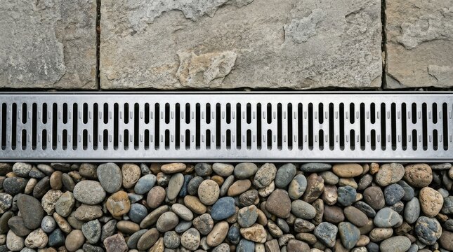 Modern stainless steel trench drain between stone pavers and river rocks.