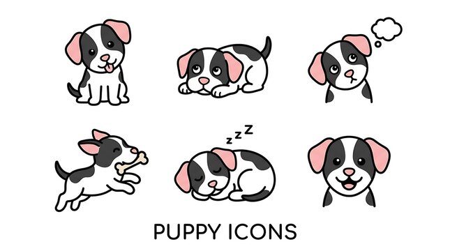 Cute cartoon puppy icons showing various activities like playing and sleeping