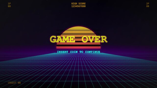 Retro 80s synthwave game over screen, neon arcade aesthetic with sunset and grid, vintage video game interface background
