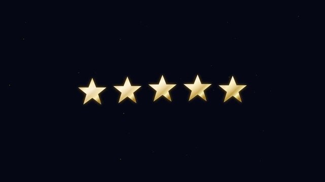 Golden five star rating animation on black background, premium 5 stars quality review symbol, luxury customer feedback icon
