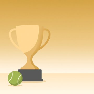 Golden trophy cup with tennis ball on flat surface, victory and achievement concept