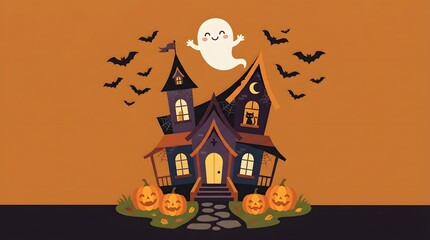 Fototapeta premium Cute halloween haunted house with pumpkins and a friendly ghost