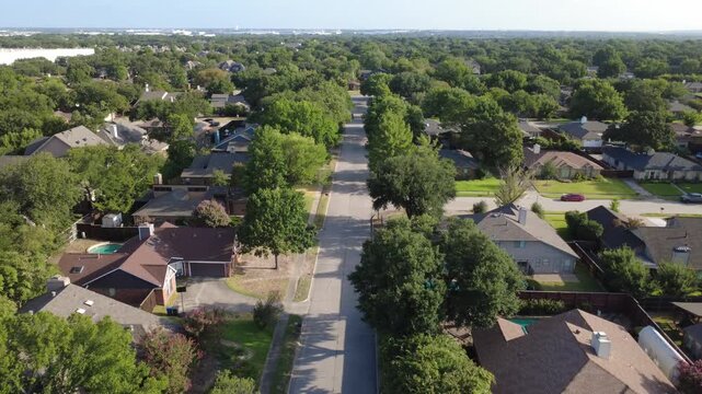 Sunlit asphalt roadways extend past Mobley Way homes across DFW suburbs. Dense shade trees cast long afternoon shadows across peaceful, established community lanes, Coppell, Texas