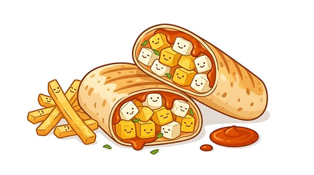 Tasty tofu burrito halved with golden potato fries and spicy sauce