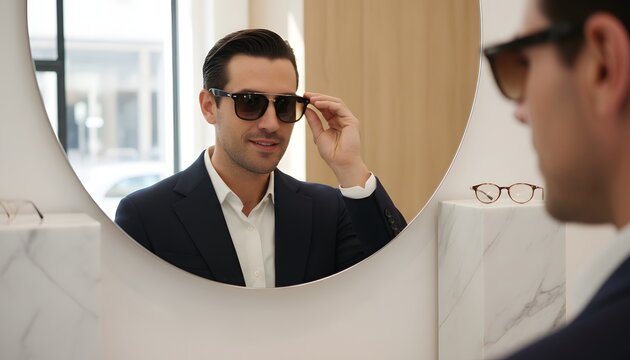 Handsome elegant man trying on stylish sunglasses in mirror reflection while shopping in modern luxury optical store for male eyewear and lifestyle concept