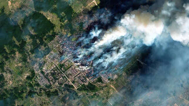 Aerial View Of Wildfire Smoke Over Populated Area