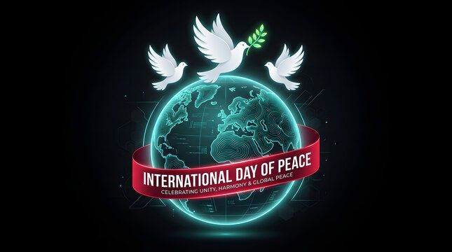 International day of peace concept with glowing globe and white doves carrying olive branches, humanity
