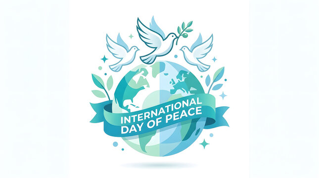 International day of peace illustration featuring earth globe and flying doves with olive branches