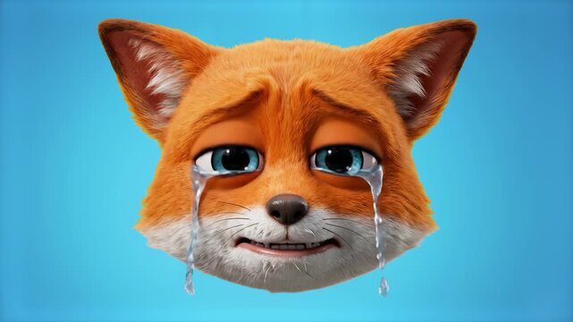 A cute 3D orange fox character weeping with tears falling set against a clean blue sky background. Excellent for dramatic animal animations, emotional storytelling, and social media reaction videos.