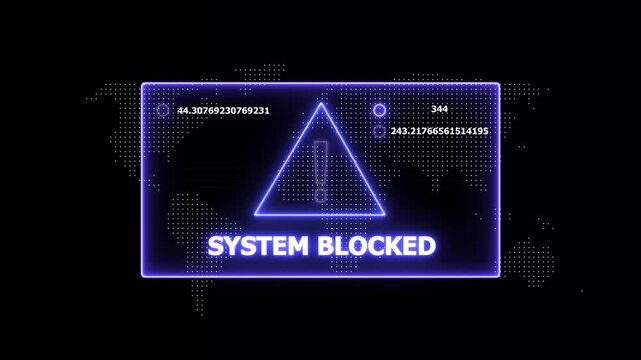 Digital cyber security alert system blocked warning interface with glowing neon purple warning triangle and dynamic data stream analytics for network protection and online threat detection concepts