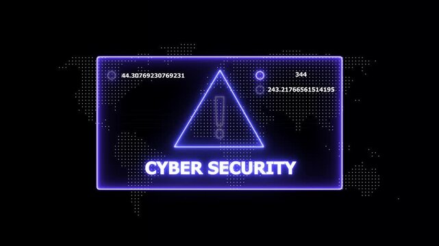 Digital cyber security warning interface featuring glowing neon purple alert triangle and dynamic data streams over a global dotted map background, for advanced network, protection concepts