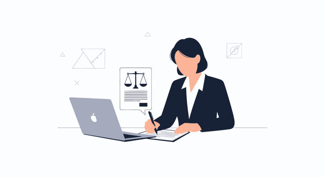 Lawyer working on laptop with scales of justice and legal document, modern flat illustration style