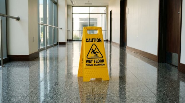Yellow caution wet floor sign standing in a polished marble hallway.