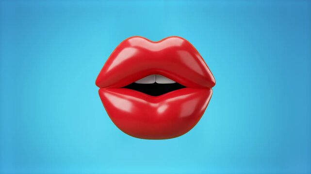 A 3D render of vibrant red glossy lips in a kissing gesture displayed against a soft gradient blue sky backdrop. Perfect for Valentine's Day content, cosmetic advertising, and creative motion graphic 