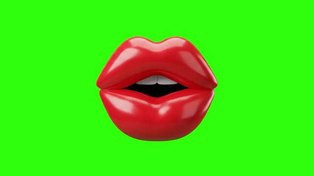 A close-up 3D render of glossy red lips slightly open for a kiss, set against a chroma key green background. Ideal for beauty promo clips, romance concepts, lip sync overlays, and social media video e
