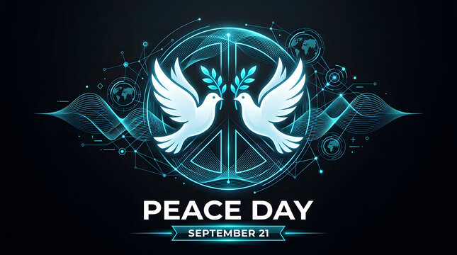 International peace day glowing cybernetic concept art with doves and peace symbol, cybernetic