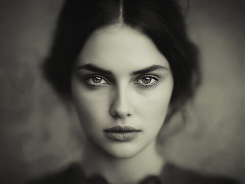 Monochrome close-up portrait of a woman with deep-set eyes and parted lips