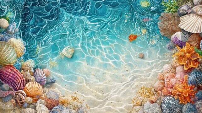 Colorful seashells and coral underwater scene