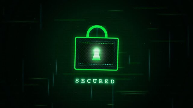A glowing digital padlock icon shines brightly on a dark virtual network interface while protecting sensitive user information from unauthorized access attempts in a complex computer system