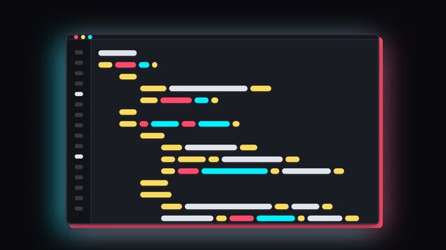 A digital representation of software source text displays colorful syntax highlighting on a darkened terminal screen to help developers build complex applications during their professional work