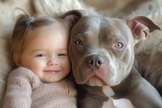 Smiling child and blue pit bull puppy snuggling together on bed