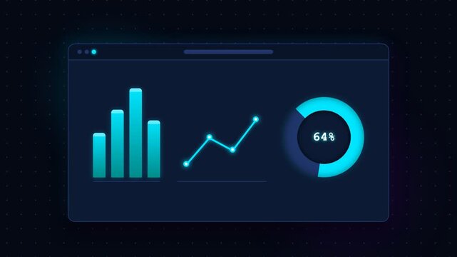 A digital interface displays glowing financial metrics featuring bar charts and trend lines alongside a circular progress indicator to provide comprehensive performance insights for strategic