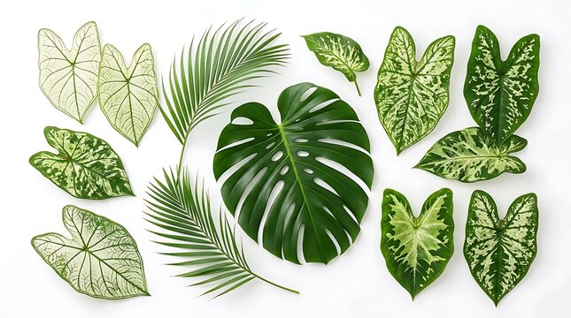 Assorted tropical botanical leaves arranged neatly on a white background