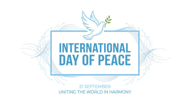 International day of peace typography design with white dove and light blue frame, international